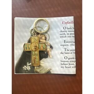 St Anthony Religious Cross Keychain Gold Tone Pray For Us Key Ring Cross